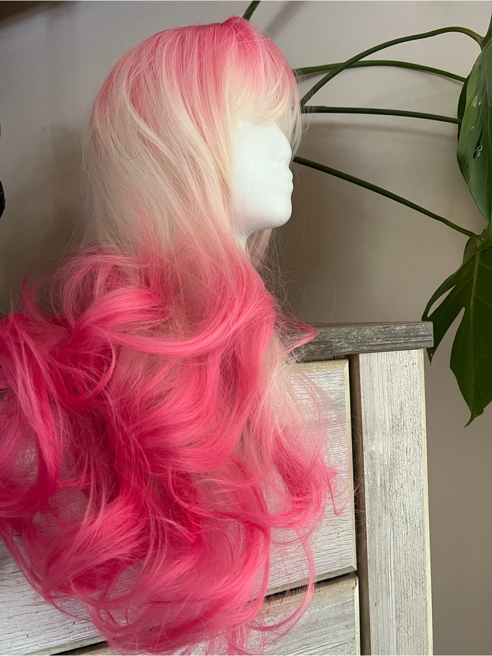 Pink Ombre Long Synthetic Wig with Bangs - Women Hair